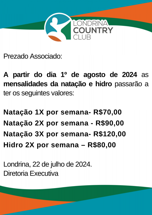 AVISO REAJUSTE MENSALIDADE - NATAÇÃO E HIDRO 2024